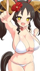 Rule 34 | + +, 1girl, alternate costume, animal ears, arm up, armpits, bikini, black hair, breasts, collarbone, dajirin (kin no ponytail), hair ornament, headband, highres, horse ears, horse tail, huge breasts, large breasts, long hair, looking at viewer, marvelous sunday (umamusume), navel, open mouth, pointing, pointing up, simple background, solo, swimsuit, tail, twintails, umamusume, white background, yellow eyes