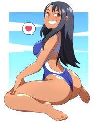 Rule 34 | 1girl, absurdres, abysswatchers, alternate breast size, arm support, ass, bare legs, barefoot, black hair, blue one-piece swimsuit, blue sky, breasts, brown eyes, cleavage, competition swimsuit, curvy, dark-skinned female, dark skin, fang, full body, grin, heart, highleg, highleg swimsuit, highres, huge ass, ijiranaide nagatoro-san, kneeling, long hair, looking at viewer, looking back, medium breasts, nagatoro hayase, naughty face, one-piece swimsuit, skindentation, sky, smile, swimsuit, tan, tanline, thighs, toes, wide hips