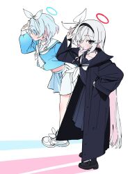 Rule 34 | :o, arona (blue archive), black eyes, black hairband, blue hair, coat, dorontabi, hairband, halo, highres, looking afar, looking at viewer, plana (blue archive), ribbon, sailor collar, shoes, skirt, sneakers, socks, standing, white hair, white hairband, white ribbon