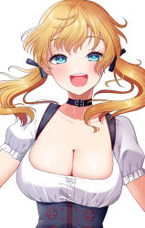 Rule 34 | 1girl, blonde hair, blue eyes, blush, breasts, cleavage, collarbone, dirndl, german clothes, hair between eyes, kantai collection, large breasts, long hair, low twintails, oktoberfest, open mouth, prinz eugen (kancolle), puffy short sleeves, puffy sleeves, round teeth, short sleeves, simple background, smile, solo, teeth, twintails, upper body, upper teeth only, white background, yomogi dango