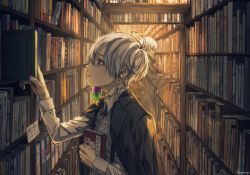 Rule 34 | 2boys, artist name, book, bookshelf, character request, coat, collared shirt, commentary request, copyright request, earrings, from side, gloves, highres, holding, holding book, jewelry, library, long sleeves, looking at object, male focus, mugi oyasumi, multiple boys, nail polish, purple eyes, purple nails, shirt, short hair, signature, suspenders, trench coat, white hair