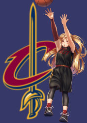 Rule 34 | 1girl, arm warmers, azur lane, ball, bare shoulders, basketball, basketball (object), black legwear, blonde hair, blue background, cleveland (azur lane), cleveland cavaliers, highres, jersey, jumping, leg warmers, logo, long hair, name connection, national basketball association, open mouth, outstretched arms, red eyes, shoes, shorts, simple background, sneakers, socks, solo, sportswear, twintails, yakkuro
