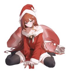 1girl akane_lize bare_shoulders bell black_thighhighs blonde_hair breasts cleavage closed_mouth dress full_body grey_eyes hair_ornament hat highres long_hair long_sleeves looking_at_viewer mole multicolored_hair no_shoes red_dress red_hair red_hat red_nails rkin santa_dress santa_hat simple_background sitting solo stellive streaked_hair thighhighs virtual_youtuber wariza white_background