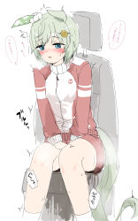 Rule 34 | 1girl, ^^^, animal ears, between legs, blue eyes, blush, breasts, breath, car interior, embarrassed, female focus, green hair, hair ornament, hairclip, half-closed eyes, hand between legs, have to pee, heavy breathing, highres, horse ears, horse girl, horse tail, jacket, jasz, long sleeves, looking down, nose blush, open mouth, own hands together, pee, peeing, peeing self, red jacket, red shorts, seat, seiun sky (umamusume), short hair, short shorts, shorts, sidelocks, sitting, small breasts, socks, solo, speech bubble, steam, sweat, tail, talking, tears, track jacket, trembling, umamusume, v arms, white socks, zipper pull tab