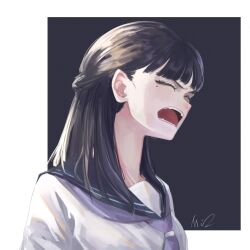 Rule 34 | 1girl, black hair, blue sailor collar, border, chinese commentary, closed eyes, commentary request, half updo, highres, long hair, mi24789, mole, mole under eye, neckerchief, open mouth, original, outside border, purple neckerchief, sailor collar, school uniform, shirt, signature, solo, teeth, white border, white shirt