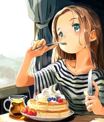 Rule 34 | 1girl, bad id, bad twitter id, blue eyes, brown hair, curtains, eating, food, fork, fruit, holding, holding fork, holding knife, inactive account, knife, long hair, looking at viewer, masuda (yousaytwosin), original, pancake, plate, shirt, short sleeves, solo, strawberry, striped clothes, striped shirt, syrup, window
