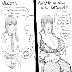 1boy 1girl 2koma absurdres bb_(baalbuddy) bra braid braided_ponytail breasts chain chainsaw_man cleavage collar collarbone collared_shirt comic english_text fishnets highres huge_breasts lace lace_bra lap_pillow makima_(chainsaw_man) monochrome necktie ringed_eyes shirt sidelocks sketch speech_bubble underwear