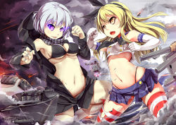 Rule 34 | 10s, 2girls, abyssal ship, aircraft, airplane, bikini, bikini top only, black panties, blonde hair, crop top, crop top overhang, elbow gloves, fire, gloves, glowing, glowing eyes, hair ribbon, highleg, highleg panties, hood, hooded jacket, jacket, kantai collection, machinery, midriff, multiple girls, navel, open mouth, packge, panties, purple eyes, re-class battleship, rensouhou-chan, ribbon, scarf, shimakaze (kancolle), silver hair, smoke, striped clothes, striped legwear, striped thighhighs, swimsuit, thighhighs, thong, torn clothes, triangle mouth, turret, underwear, yellow eyes