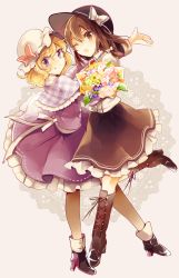 Rule 34 | 2girls, azuma aya, blonde hair, boots, bouquet, bow, brown eyes, brown hair, capelet, cross-laced footwear, dress, flower, full body, hair bow, hat, hat bow, hat ribbon, lace-up boots, long sleeves, looking at viewer, maribel hearn, mob cap, multiple girls, one eye closed, open mouth, outstretched arm, purple dress, purple eyes, ribbon, sash, shirt, short hair, skirt, smile, standing, standing on one leg, touhou, usami renko