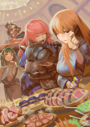 Rule 34 | 1boy, 3girls, absurdres, brown hair, clam, clenched hand, copyright name, crossed arms, food, green hair, hand up, highres, indoors, meat, multiple girls, muscular, pink hair, pixiv fantasia, pixiv fantasia age of starlight, plate, pointy ears, sitting, spoon, tomatom47240459