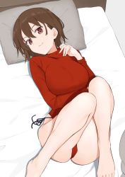 Rule 34 | 1girl, barefoot, bed, breasts, brown eyes, brown hair, closed mouth, girls und panzer, head tilt, heattech leotard, highres, large breasts, legs, legs up, leotard, long sleeves, looking at viewer, lying, muteki soda, nishizumi maho, on back, on bed, pillow, red leotard, short hair, side-tie leotard, smile, solo, turtleneck