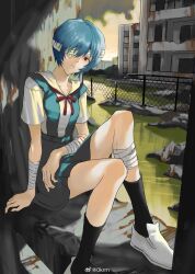 Rule 34 | 1girl, arm support, ayanami rei, bandaged arm, bandaged head, bandaged leg, bandages, black socks, blue dress, breasts, closed mouth, collarbone, dress, eyepatch, fence, green sky, head tilt, highres, kneehighs, knees up, looking at viewer, neck ribbon, neon genesis evangelion, outdoors, red eyes, red ribbon, reflection, reflective water, ribbon, ruins, rust, satou koromi, shirt, shoes, short hair, short sleeves, sitting, small breasts, socks, solo, weibo logo, weibo watermark, white footwear, white shirt