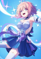 Rule 34 | 1girl, absurdres, armpits, bare shoulders, blue background, blue dress, blue eyes, blush, bow, breasts, cleavage, commentary, cowboy shot, detached sleeves, dress, garter straps, hair between eyes, highres, honkai: star rail, honkai (series), long sleeves, looking ahead, march 7th (honkai: star rail), medium breasts, medium hair, multicolored eyes, nail polish, official alternate costume, open hand, open mouth, pink bow, pink eyes, pink hair, pink nails, short hair, simple background, smile, solo, sora (men0105), sparkle background, thighhighs, tiara, two-tone eyes, white garter straps, white thighhighs