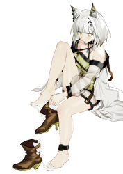 Rule 34 | 1girl, absurdres, anger vein, animal ear fluff, animal ears, anklet, arknights, bare shoulders, boots, unworn boots, breasts, brown footwear, cat ears, choker, cleavage, detached sleeves, dress, green dress, green eyes, grey hair, high heel boots, high heels, highres, invisible chair, jewelry, kal&#039;tsit (arknights), knee up, lab coat, looking down, off-shoulder dress, off shoulder, renxzd, see-through, see-through sleeves, short hair, simple background, sitting, small breasts, solo, suggestive fluid, white background