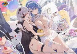 Rule 34 | 2girls, alternate hair color, animal, ass, azur lane, babydoll, balloon, bare arms, bare shoulders, bird, blue eyes, blue hair, breasts, cake, cake slice, cellphone, chapayev (azur lane), choker, cleavage, commentary request, company connection, company name, covered navel, doughnut, eyepatch, fingernails, food, hair ornament, hairband, heart, holding, kuybyshev (azur lane), large breasts, lipstick, logo, looking at viewer, makeup, manjuu (azur lane), mole, mole on breast, multiple girls, nail polish, official art, panties, phone, pillow, red eyes, see-through, serie niai, short hair, simple background, smile, sparkle, thigh strap, thighs, underwear, white hair