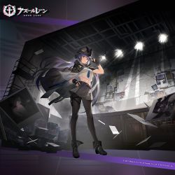 Rule 34 | artist request, azur lane, black footwear, black gloves, boots, dio brando&#039;s pose (jojo), essex (azur lane), essex (detective essex) (azur lane), fingerless gloves, gloves, hand on headwear, hand on own hip, hat, highres, holster, long hair, looking at viewer, midriff, navel, necktie, official alternate costume, official art, pantyhose, photo (object), pleated skirt, purple hair, red eyes, skirt, smile, thigh holster, twintails