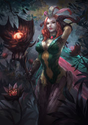 Rule 34 | 1girl, alternate costume, alternate hair color, breasts, cglas, cleavage, elderwood leblanc, leblanc (league of legends), feathers, flower, forest, gauntlets, gem, feather hair, large breasts, league of legends, nature, navel, outdoors, pale skin, parted lips, plant, red hair, riot games, solo, staff, standing