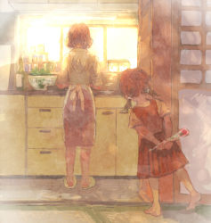 Rule 34 | 2girls, age difference, apron, arms behind back, bad id, bad pixiv id, barefoot, brown hair, cooking, flower, indoors, kitchen, mother&#039;s day, mother and daughter, multiple girls, original, pon (cielo), shirt, skirt, sleeves rolled up, standing, twintails, window
