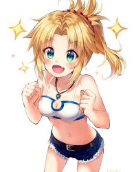 Rule 34 | 1girl, bandeau, blonde hair, blush, breasts, cleavage, cowboy shot, excited, fate/apocrypha, fate/grand order, fate (series), green eyes, highres, long hair, mordred (fate), mordred (fate/apocrypha), mordred (memories at trifas) (fate), navel, nonono (nononotea), ponytail, short shorts, shorts, smile, solo, sparkle, standing, stomach, thighs