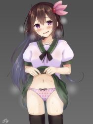 Rule 34 | 10s, 1girl, :d, bad id, bad pixiv id, black thighhighs, black wings, blush, brown hair, clothes lift, cowboy shot, embarrassed, gluteal fold, gradient hair, green skirt, grey background, hair between eyes, hair ornament, hairpin, highres, kantai collection, kisaragi (kancolle), lifted by self, long hair, looking at viewer, multicolored hair, navel, open mouth, panties, polka dot, polka dot panties, purple eyes, purple hair, ramchi, school uniform, serafuku, signature, simple background, skirt, skirt lift, smile, solo, standing, stomach, sweat, thighhighs, underwear, unmoving pattern, wings