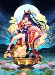 Rule 34 | 1girl, bare shoulders, black hair, blue eyes, breasts, cleavage, flower, full moon, fuzichoco, japanese clothes, kimono, lily pad, long hair, looking at viewer, lotus, medium breasts, moon, night, off shoulder, one side up, original, sandals, single thighhigh, sky, solo, star (sky), starry sky, taketori monogatari, thighhighs, water, wide sleeves