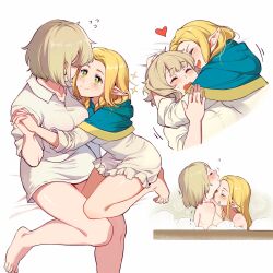 Rule 34 | 2girls, bai xin, barefoot, blonde hair, blue capelet, blush, braid, breasts, bright pupils, brown hair, capelet, closed eyes, closed mouth, collared shirt, commentary, cropped torso, dress, dungeon meshi, elf, falin touden, falin touden (tallman), feet, flying sweatdrops, foot out of frame, frilled dress, frills, green eyes, heart, highres, holding hands, hood, hooded capelet, hug, interlocked fingers, kiss, kissing neck, large breasts, light brown hair, looking at another, low twin braids, marcille donato, multiple girls, multiple views, no pants, open mouth, pointy ears, shirt, short hair, simple background, sitting, sleepwear, smile, soap bubbles, sparkle, split mouth, sweatdrop, symbol-only commentary, toes, trembling, twin braids, wet, white background, white dress, white pupils, white shirt, yuri