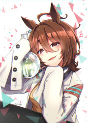Rule 34 | 1girl, absurdres, agnes tachyon (umamusume), ahoge, animal ears, blush, brown eyes, brown hair, buttons, flask, hair between eyes, highres, horse ears, horse girl, lab coat, mini person, miniboy, musical note, open mouth, round-bottom flask, sekino takehiro, shirt, signature, sleeves past fingers, sleeves past wrists, solo, trainer (umamusume), umamusume, white background, yellow shirt