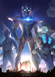 Rule 34 | 1boy, alien, arm cannon, flag, giant, highres, king joe storage custom, lens flare, looking up, mecha, open hands, robot, science fiction, silhouette, soupchan, standing, sunlight, tokusatsu, ultra series, ultraman z, ultraman z (series), weapon, white eyes, windom