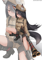 Rule 34 | 1girl, animal ears, antique firearm, backpack, bag, bike shorts, bike shorts under shorts, black gloves, black hair, blunderbuss, boots, breasts, commentary, english commentary, female focus, firearm, full body, gao (gaolukchup), gloves, gun, hair over one eye, highres, holding, holding gun, holding weapon, large breasts, long hair, military, military uniform, multiple barrel gun, on one knee, original, red eyes, shorts, solo, tail, tan, trigger discipline, uniform, watermark, weapon, web address, white background, wolf ears, wolf tail, zoom layer
