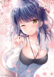 Rule 34 | 1girl, absurdres, blue hair, blurry, blurry background, blush, breasts, brown eyes, cleavage, closed mouth, collared shirt, depth of field, dress shirt, hair ornament, hair ribbon, hairclip, halterneck, hand up, highres, leaning forward, long hair, long sleeves, looking at viewer, medium breasts, nanami yuuno, one eye closed, original, petals, pink ribbon, ribbon, ruffling hair, scan, shirt, sidelocks, sleeves past wrists, solo, sousouman, tongue, tongue out, white shirt, x hair ornament