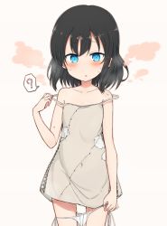 Rule 34 | 1girl, :o, ?, @ @, age regression, aged down, bare arms, bare shoulders, black hair, blue eyes, blush, breasts, brown dress, collarbone, commentary request, covered navel, dress, highres, layla (mino), looking at viewer, nonono (mino), original, panties, panty pull, parted lips, side-tie panties, simple background, sleeveless, sleeveless dress, small breasts, smoke, solo, spoken question mark, standing, strap slip, sweat, underwear, white panties