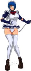 Rule 34 | 00s, 1girl, black gloves, blue hair, boots, breasts, chain, collar, darkeyez07, dress, elbow gloves, eyepatch, gloves, green eyes, ikkitousen, large breasts, lipstick, long legs, maid, maid headdress, makeup, microdress, mole, panties, ryomou shimei, short hair, signature, spiked collar, spikes, thighhighs, transparent background, underwear, white panties, white thighhighs