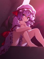 Rule 34 | 1girl, bad id, bad pixiv id, barefoot, bat wings, clothes between thighs, feet, female focus, highres, hinohoshi ataru, light purple hair, red eyes, remilia scarlet, sany, solo, touhou, wings
