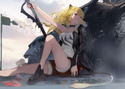 Rule 34 | 1girl, animal ears, arknights, bare shoulders, black footwear, black jacket, blonde hair, breasts, brown eyes, camisole, closed mouth, cloud, cloudy sky, commentary request, day, fur-trimmed jacket, fur-trimmed shorts, fur trim, holding, holding sword, holding weapon, jacket, knee up, lion ears, lion girl, lion tail, long hair, long sleeves, looking away, looking to the side, medium breasts, mouth hold, outdoors, rabbit (tukenitian), red shorts, shoes, short shorts, shorts, siege (arknights), sitting, sky, sleeves past wrists, solo, sword, tail, thighhighs, weapon, white camisole