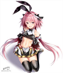 Rule 34 | 1boy, armor, astolfo (fate), astolfo (saber) (fate), ayakawa riku, bare shoulders, belt, black bow, black bowtie, black footwear, black gloves, black ribbon, black shirt, black skirt, black thighhighs, blush, bow, bowtie, clothes lift, clothes pull, crop top, detached sleeves, elbow gloves, fang, fate/grand order, fate (series), faulds, gloves, hair between eyes, hair bow, hair intakes, hair ribbon, long hair, looking at viewer, low twintails, male focus, midriff, multicolored hair, open mouth, pink hair, purple eyes, ribbon, seiza, shirt, shirt lift, shirt pull, simple background, sitting, skirt, smile, solo, streaked hair, thighhighs, thighs, trap, twintails, white background, white hair, wide sleeves