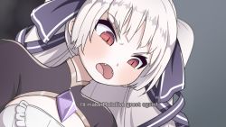 Rule 34 | 1girl, angry, archived source, artia, blush, d:, dot nose, drawfag, elementalist, english text, fangs, furrowed brow, glaring, gradient background, grey background, holding, holding weapon, hololive, hololive china, long hair, looking away, looking down, open mouth, pale skin, parted bangs, red eyes, ribbon, simple background, slit pupils, solo, tagme, twintails, virtual youtuber, weapon, white hair