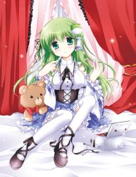 Rule 34 | 1girl, adapted costume, bed, blush, box, canopy bed, corset, detached sleeves, female focus, frog hair ornament, green eyes, green hair, hair ornament, hair ribbon, hand mirror, kochiya sanae, lips, long hair, looking at viewer, makeup, matching hair/eyes, mirror, ribbon, shirt, sitting, skirt, snake hair ornament, solo, stuffed animal, stuffed toy, teddy bear, thighhighs, touhou, white-brown, white thighhighs, wide sleeves, zettai ryouiki