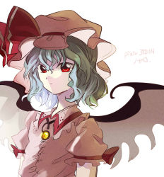 Rule 34 | 1girl, :/, artist name, blue hair, buttons, closed mouth, collared shirt, demon wings, dress shirt, flat chest, hair between eyes, hat, hat ribbon, highres, ichirugi, looking at viewer, mob cap, pink hat, pink shirt, pixiv id, puffy short sleeves, puffy sleeves, red eyes, red ribbon, remilia scarlet, ribbon, shirt, short hair, short sleeves, simple background, solo, touhou, upper body, white background, white wings, wings