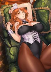 Rule 34 | 1girl, animal ears, arm up, bare shoulders, black leotard, blush, breasts, cleavage, corset, couch, covered erect nipples, cross-laced clothes, damegane, detached collar, earrings, highleg, highleg leotard, highres, hip focus, jewelry, large breasts, leotard, long hair, looking at viewer, lying, myl&eacute;ne (damegane), on back, orange eyes, orange hair, original, pantyhose, pillow, rabbit ears, smile, solo, strapless, strapless leotard, thighs, underbust, wrist cuffs