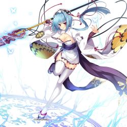 Rule 34 | 1girl, blue hair, breasts, bug, butterfly, chouun, cleavage, copyright name, hair between eyes, hat, holding, holding weapon, insect, japanese clothes, kamihime project, katagiri hinata, koihime musou, large breasts, leg up, lightning, looking at viewer, medium breasts, obi, official art, parted lips, polearm, purple eyes, ribbon, sash, short hair, simple background, smile, solo, spear, thighhighs, weapon, white thighhighs, wide sleeves, zettai ryouiki