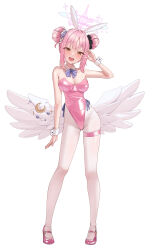 Rule 34 | 1girl, :d, absurdres, alternate costume, angel wings, animal ears, bare shoulders, blue archive, blush, breasts, cleavage, crescent, crescent pin, detached collar, double bun, fake animal ears, feathered wings, flower, full body, hair bun, hair flower, hair ornament, high heels, highres, large breasts, leotard, long hair, looking at viewer, mansu (user pnmp4287), mika (blue archive), open mouth, pantyhose, pink footwear, pink hair, pink leotard, playboy bunny, purple flower, rabbit ears, simple background, smile, solo, standing, strapless, strapless leotard, white background, white pantyhose, white wings, wings, wrist cuffs, yellow eyes