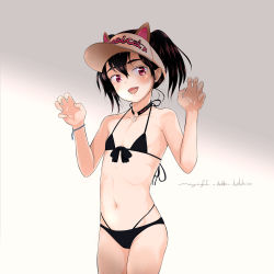 Rule 34 | 1girl, :d, animal ears, bare arms, bare shoulders, bikini, black bikini, black hair, blush, claw pose, collarbone, commentary request, eyebrows hidden by hair, fake animal ears, fangs, flat chest, front-tie bikini top, front-tie top, gradient background, grey background, hair between eyes, hands up, hat, highleg, highleg bikini, highres, layered bikini, looking at viewer, mayafufu, navel, open mouth, original, red eyes, smile, solo, swimsuit, thick eyebrows, twintails, visor cap, white background, white hat