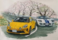 Rule 34 | 2boys, absurdres, alpine (carmaker), alpine a110, baseball cap, car, driving, ford, ford gt, hat, highres, igunuk, looking to the side, motor vehicle, multiple boys, original, outdoors, sports car, traditional media, tree, vehicle focus, white car, white hat, yellow car