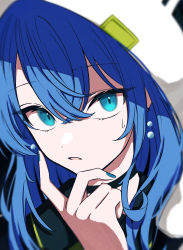 Rule 34 | 1girl, absurdres, blue eyes, blue hair, blurry, close-up, collar, commentary, crossed bangs, earrings, finger to cheek, hair between eyes, highres, hololive, hoshimachi suisei, hoshimachi suisei (school uniform), jewelry, looking at viewer, medium hair, nail polish, nanashnojo, parted lips, portrait, solo, sweatdrop, virtual youtuber