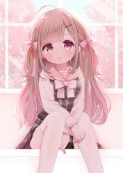 Rule 34 | 1girl, ahoge, bad id, bad pixiv id, blurry, blurry background, blush, bow, breasts, brown hair, closed mouth, commentary request, depth of field, dress, feet out of frame, fingernails, grey dress, hair bow, hair ornament, hairclip, long hair, long sleeves, maeha, moe2019, nail polish, original, pink bow, pink nails, pink sailor collar, plaid, plaid dress, purple eyes, sailor collar, school uniform, serafuku, shirt, sitting, sleeveless, sleeveless dress, small breasts, smile, solo, thighhighs, two side up, very long hair, white shirt, white thighhighs