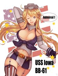 Rule 34 | 10s, 1girl, american flag, arm behind head, bad id, bad pixiv id, belt, blonde hair, blue eyes, breasts, citrus tsukiko, cleavage, cowboy shot, elbow gloves, fingerless gloves, front-tie top, garter straps, gloves, highres, iowa (kancolle), kantai collection, large breasts, long hair, miniskirt, navel, one eye closed, open mouth, round teeth, skirt, solo, standing, star-shaped pupils, star (symbol), symbol-shaped pupils, teeth, thigh gap, thighhighs