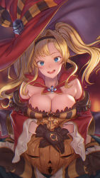 Rule 34 | 1boy, 1girl, :d, black gloves, black hairband, black thighhighs, blonde hair, blue eyes, blush, cape, commentary request, detached sleeves, dress, fake horns, gloves, granblue fantasy, hairband, hat, head tilt, highres, horned headwear, horns, jack-o&#039;-lantern, long hair, open mouth, red cape, red headwear, red sleeves, sitting, sitting on person, smile, striped clothes, striped dress, tekkai blade, thighhighs, twintails, vaseraga, wide sleeves, witch hat, zeta (granblue fantasy), zeta (halloween) (granblue fantasy)