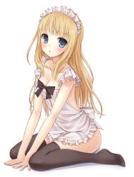 Rule 34 | 1girl, apron, bare shoulders, black thighhighs, blonde hair, blue eyes, blush, breasts, cleavage, full body, highres, long hair, long legs, looking at viewer, maid, maid apron, maid headdress, n.g., naked apron, no shoes, open mouth, original, ribbon, simple background, sitting, small breasts, solo, thighhighs, wariza, white background