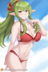 Rule 34 | 1girl, adapted costume, arm behind back, aslindsamure, bikini, blue sky, breasts, cleavage, closed mouth, cloud, cloudy sky, commentary, cowboy shot, day, english commentary, female focus, finger to mouth, fire emblem, fire emblem awakening, green eyes, green hair, hair between eyes, highres, large breasts, long hair, looking at viewer, matching hair/eyes, midriff, navel, nintendo, outdoors, patreon username, pointy ears, ponytail, red bikini, sideboob, sidelocks, sky, smile, solo, string bikini, swimsuit, thighs, tiki (fire emblem), watermark, web address