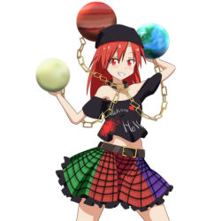 Rule 34 | 1girl, bare shoulders, belt, cato (monocatienus), chain, clothes writing, collar, earth (ornament), hat, hecatia lapislazuli, moon (ornament), multicolored clothes, multicolored skirt, navel, red eyes, red hair, shirt, simple background, skirt, smile, solo, t-shirt, touhou, white background